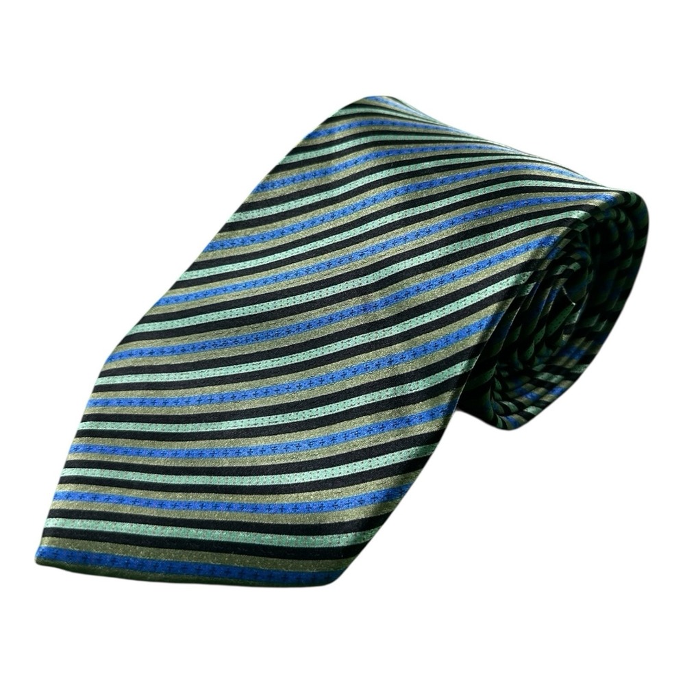 Stefano Ricci Mens Green Blue Black Striped Pure Silk Tie 4 Inch Width Italy